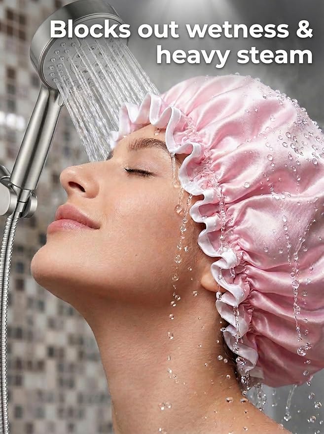 Aquior Shower Cap for Women, Waterproof Reusable Hair Cap with Soft Elastic, Large Size for Long Hair, Cute Pink Bath Cap for Shower, Skincare, Cooking, Spa and Travel Use