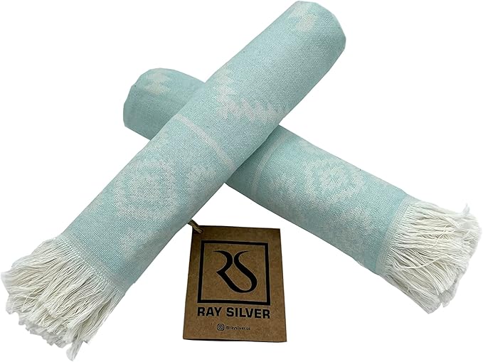 RAY SILVER Aztec Turkish Hand Towels Set of 2 100% Cotton Peshtemal Soft Feel 18 x 36Inches Light Weight Travel Camping Bath Sauna Beach Gym Pool Blanket Quick Dry Oversized Towel