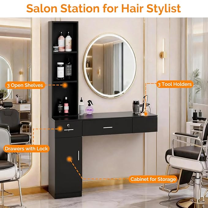 OmySalon Wall Mount Barber Stations, Salon Stations for Hair Stylist, Hair Styling Equipement Set with a Storage Cabinet, 2 Drawers and a 3 Tier Shelf (Black)