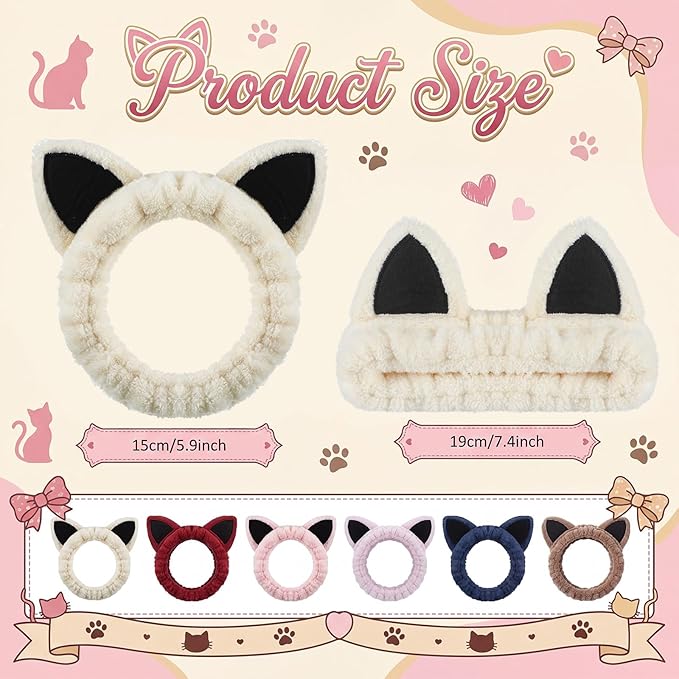 6-Pack Cat Ears Headbands Soft Coral Fleece Hair Band for Face Washing, Makeup, Skincare, Spa, Multi-Color Animal Headbands for Women and Girls Gift
