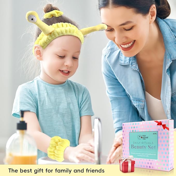 Face Wash Headband, Skincare Wrist Bands for Washing Face Set Spa Hair Bands Gift for Women Girls with a Hair Scrunchie, Cute Yellow snail tentacle Elastic Headband, for Face Washing Makeup Skincare