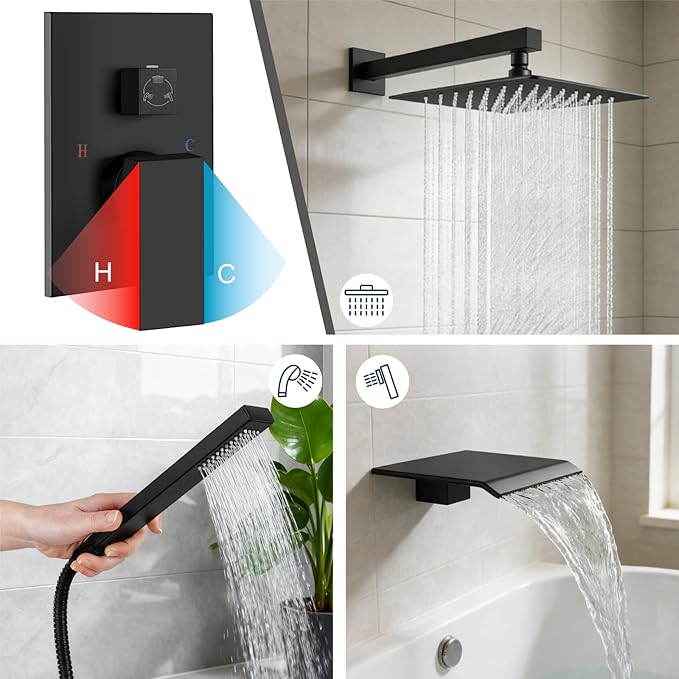 Midanya Shower System with Tub Spout,Bathtub Shower Faucet Set with Square Rainfall Head and Handheld Sprayer Wall Mount Tub Faucet Set with Valve and Trim Kit,12 Inch Matte Black