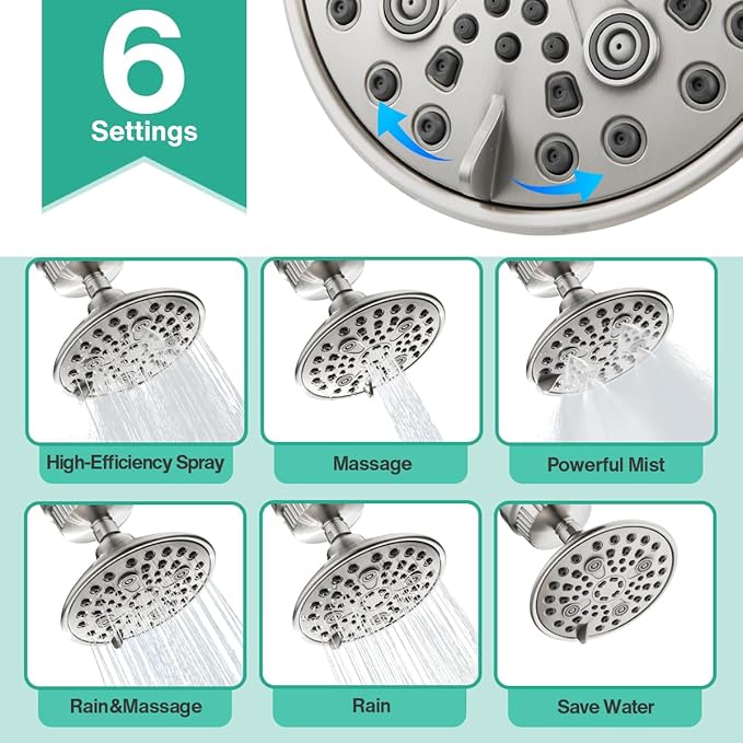 Cobbe 6-Setting High Pressure Filtered Shower Head Combo, Detachable Rain Shower Head with 20 Stage Shower Head Filter for Hard Water - Remove Chlorine and Harmful Substances, Brushed Nickel