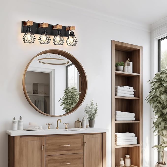 FadimiKoo 4-Light Farmhouse Bathroom Light Fixtures Over Mirror, Rustic Wood Vanity Light with Black Metal Cage Lampshade, Rustic Sconces Wall Lighting for Living Room, Bedroom, Hallway