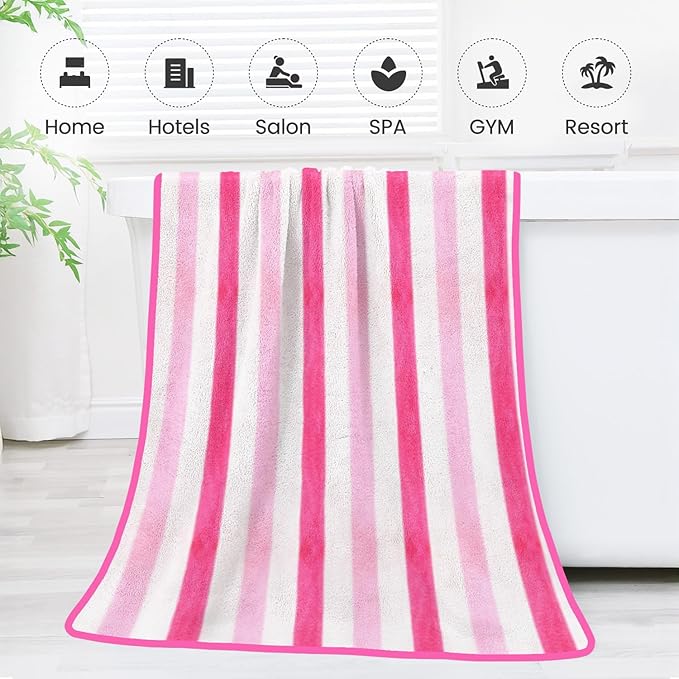 JML Microfiber Bath Towels,2 Pack(30" x 60"), Oversized, Soft, Super Absorbent, Fast Drying, Large Beach Towel Set for Sauna, Salon, Sports, Fitness, Yoga, Cabana Stripe Pink