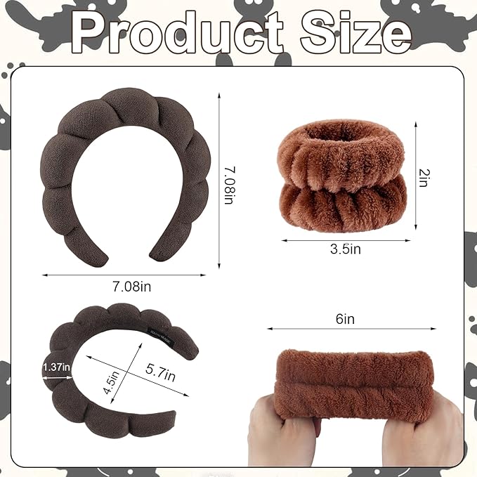 Zkptops 6Pcs Spa Headband for Washing Face Wristband Set Sponge Makeup Skincare Terry Cloth Headband Bubble Soft Bear Ears Hairband Women Puffy Padded Headwear Non Slip Hair Accessory(Dark Brown)