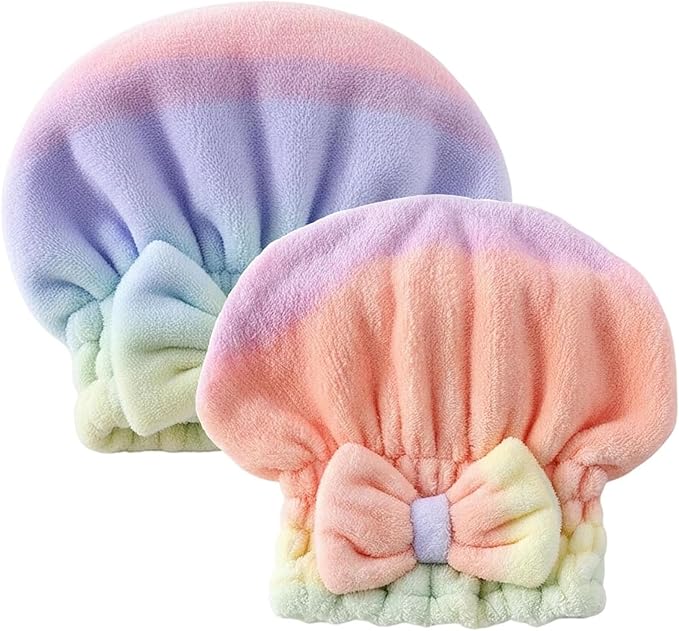 2Pcs Ultra Absorbent Hair Quick Drying Towel, Microfiber Hair Towel, Soft Bow Tie Wet Hair Towels Wrap for Long Curly Hair Women (Pink+Blue) (Gradient)