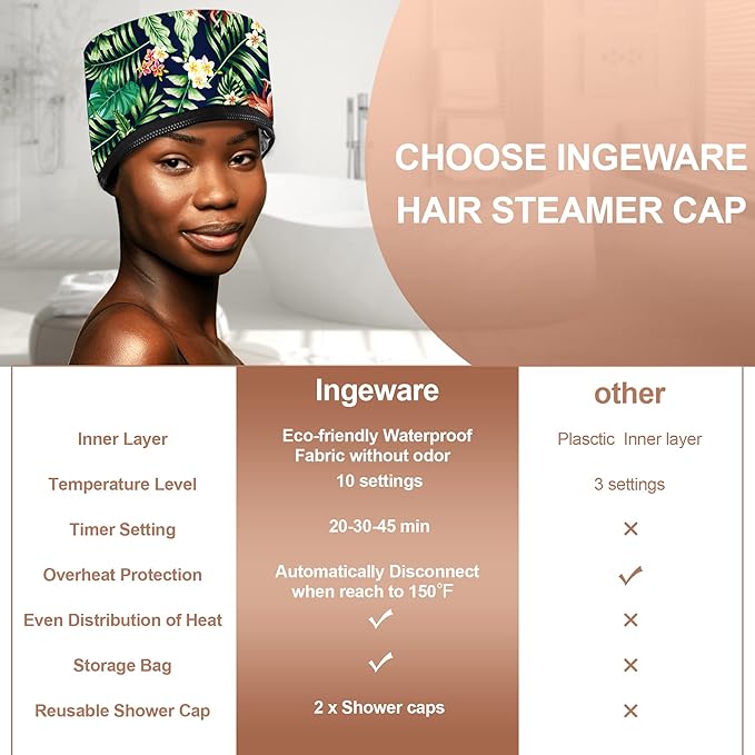 Heat Cap for Deep Conditioning, Ingeware Thermal Cap for Hair Steamer Cap for Natural Hair Portable Electric Heat Hair Spa Cap for Home Use Pattern (Floral Print)