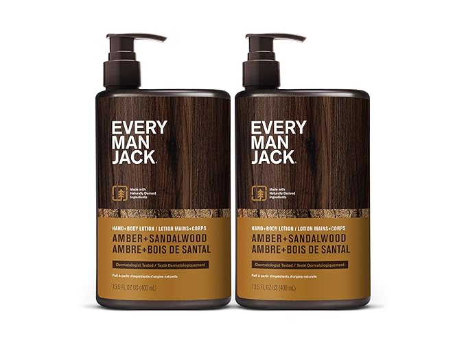 Every Man Jack Mens Amber + Sandalwood Hand & Body Lotion for All Skin Types - Dermatologist Tested & Hypoallergenic - Nourish Skin with Lightweight Fast Absorbing Lotion - 13.5oz (2 Pack)