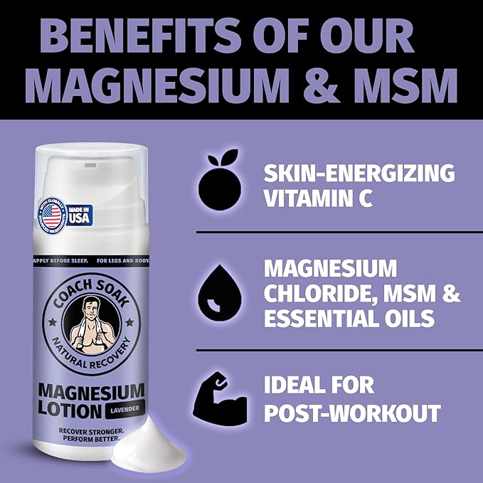 Coach Soak Magnesium Lotion with MSM - Magnesium Chloride & Menthol - Non-Greasy Alternative to Epsom Salt Lotion and Cream - Apply Before Sleep for Feet, Leg Cramps & Body - All Scents 10oz (3 Pack)