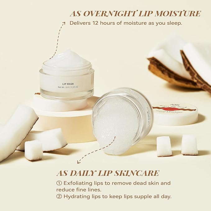 ANAI RUI Coconut Lip Scrub & Lip Mask Set with Shea Butter, Lip Scrubber Exfoliator Enriched with Vitamin E, Sugar Scrub for Dry Lips, Hydrating Lip Mask, Mothers Day Gifts For Women