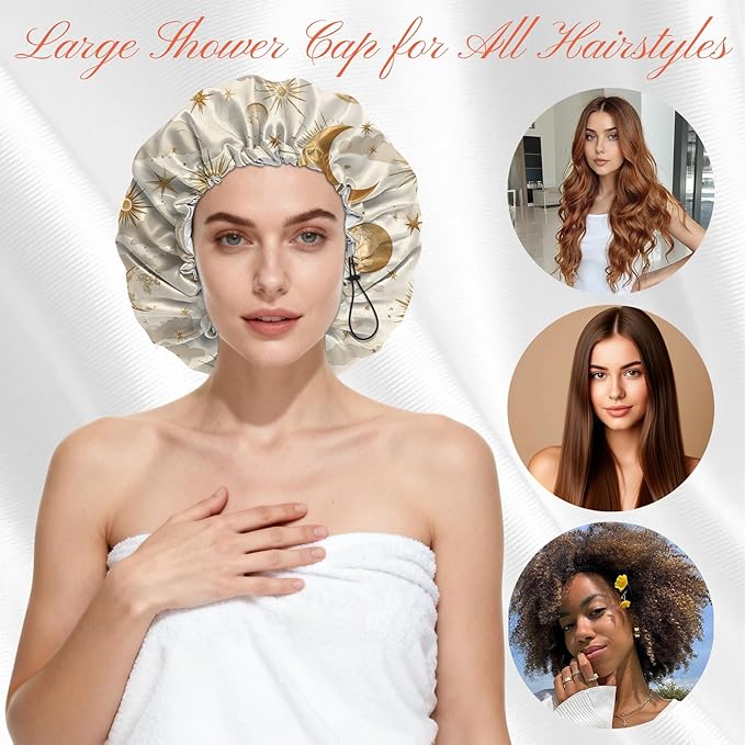 Shower Cap Reusable Double Layer Adjustable Elastic Waterproof EVA Hair Bath Caps for Women Girls Cute Aesthetic-Sun