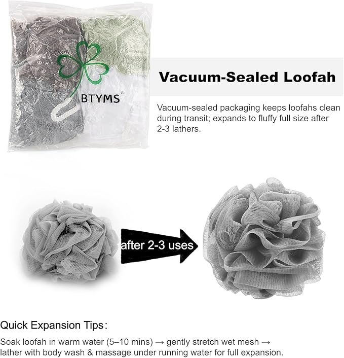 BTYMS Large Loofah Sponge Shower Scrunchies Puff 75g/pc Mesh Pouf Bath Loofa Body Sponges Scrubber for Bathing - Pack of 4