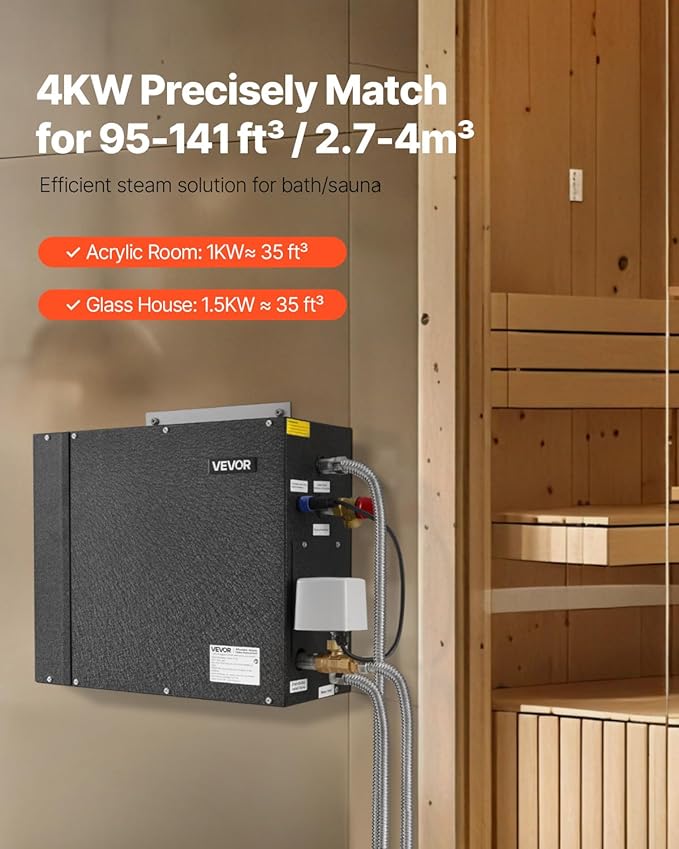 VEVOR Steam Generator, 4 kW Steam Shower System with Controller for Home Sauna & Spa, Commercial Auto Drain Kit with Overheat, Dry-Run & Overpressure Protection, 10min to 24h Timer, Black
