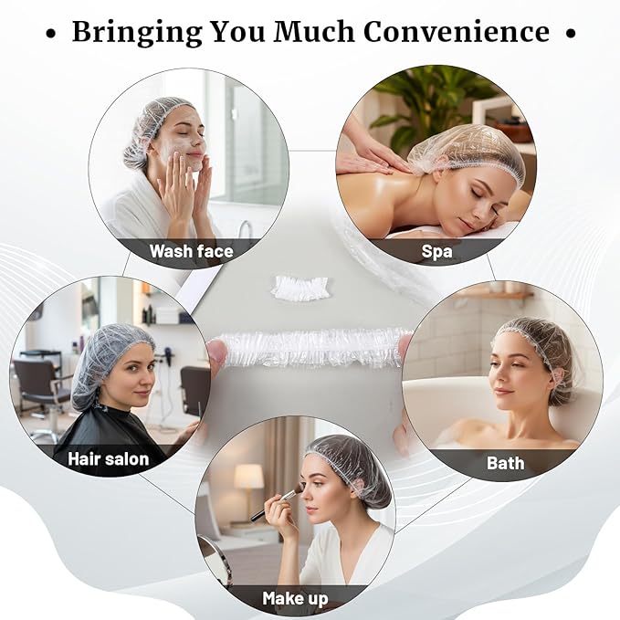 Qianyu 100 PCS Disposable Shower Caps and 100 PCS Earmuffs, Clear Plastic Hair Cap Thick Elastic Waterproof Bath Caps for Women Men Bathing Hair Treatment Home Spa Hotel Travel Beauty Salon