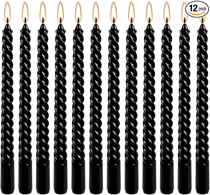 WPONSZU 10 Inch Black Spiral Taper Candle Set, 12 Pack Unscented Dripless Candlesticks for Halloween,Dinner,Party Brithday Wedding and Home Decoration