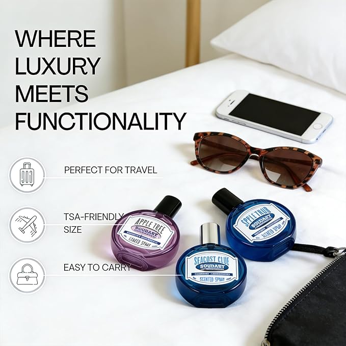 Travel Fabric Refresher Spray – Odor Eliminator & Wrinkle Release, TSA Approved 40ml for Gym Hotel Office Clothes Sofa Curtains, Seacoast Club Scent – Boudart Labs