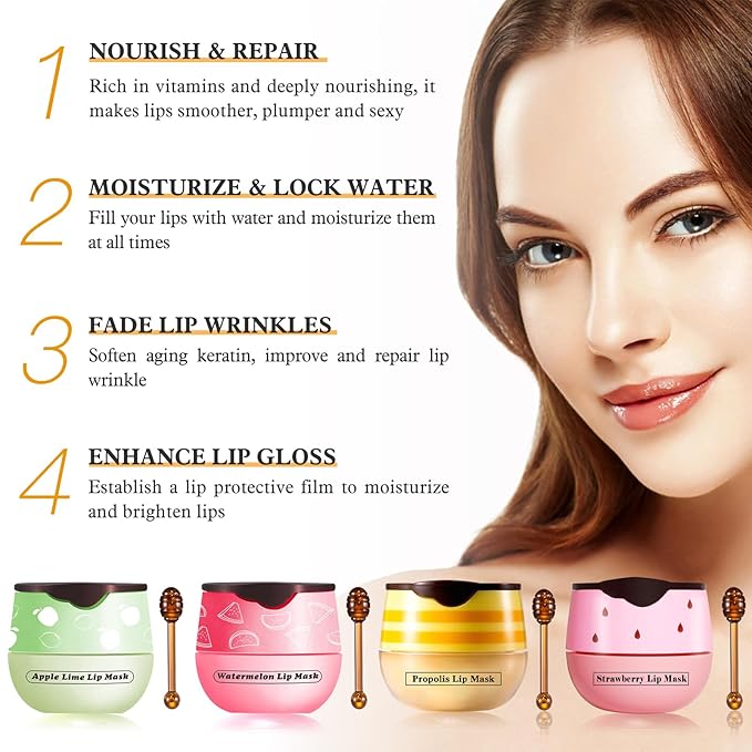4 PCS Honey Lip Balm Pot, Honey & Strawberry & Watermelon & Apple Lime Lip Mask, Reduces Lines, Hydrate & Moisturizing Skin Care, Prevention Dry Cracked Lips Repair Treatment, 5.5g*4