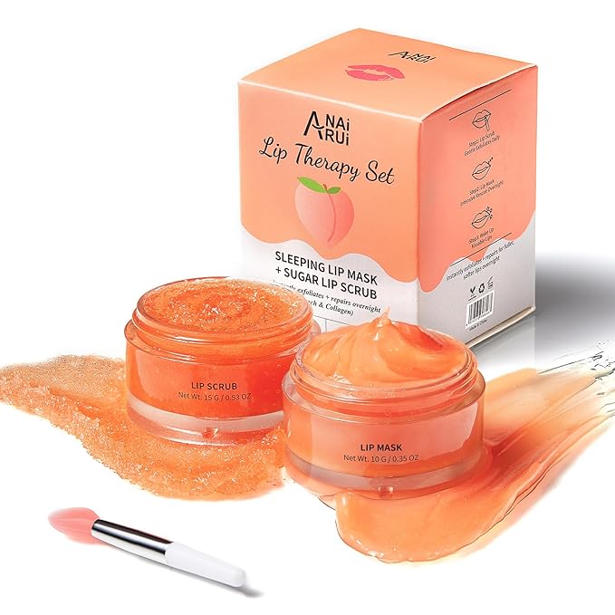 ANAI RUI Lip Scrub & Mask Set, Lip Scrubber Exfoliator, Lip Sugar Scrub, Lip Sleeping Mask, Moisturizering for Dry, Chapped, Dark Lips, Overnight Lip Mask, Peach, Mothers Day Gifts