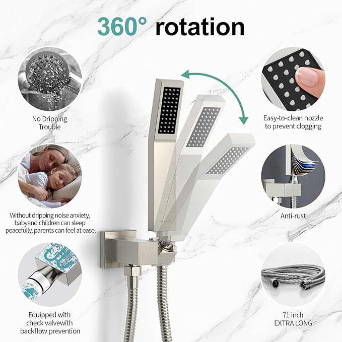 SR SUN RISE 12 Inches Bathroom Luxury Rain Mixer Shower Combo Set Wall Mounted Rainfall Shower Head System Brushed Nickel Finish Shower Faucet Rough-In