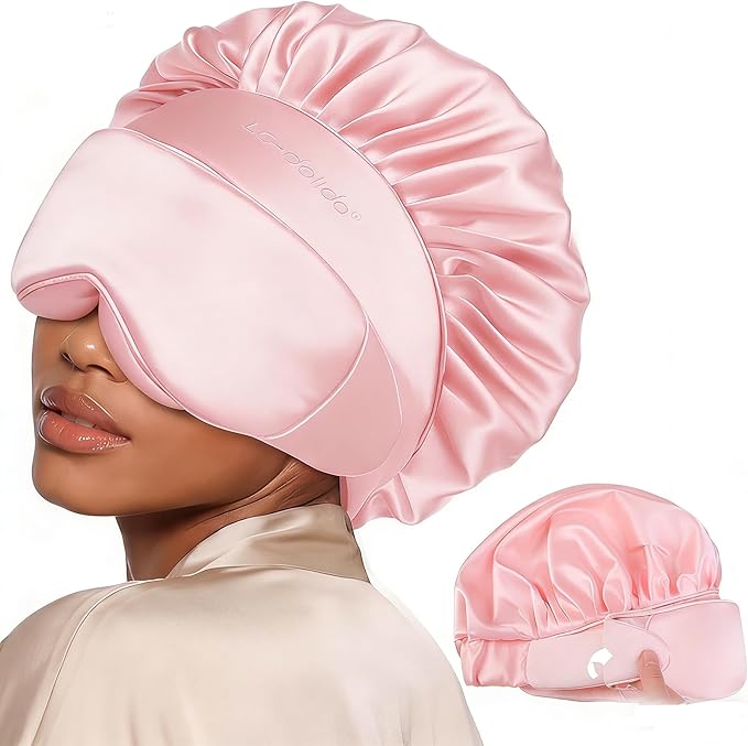 LC-dolida Satin Silk Bonnet for Sleeping Women Men, Hair Bonnet for Curly & Natural with Sleep Mask, Reduce Frizz