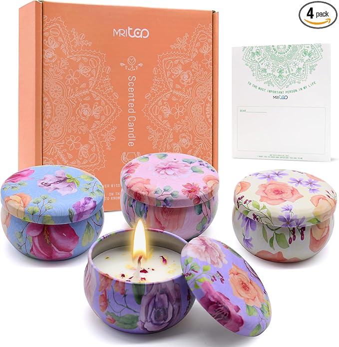 Scented Candles Gift Set for Women 4 Pack Soy Wax Candles with Dried Flowers Reusable Tin Aromatherapy Relaxation Gift for Birthday Mothers Day Valentines Day