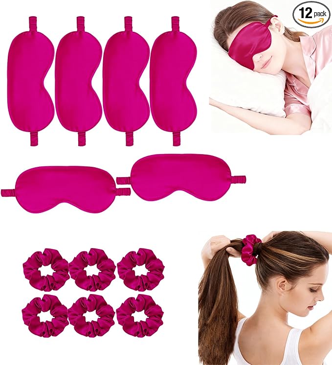 12Pcs Silk Sleep Masks Satin Eye Mask Silky Eyes Cover Blindfold Eyeshade Hair Ties Scrunchy Travel Bridesmaids Gifts