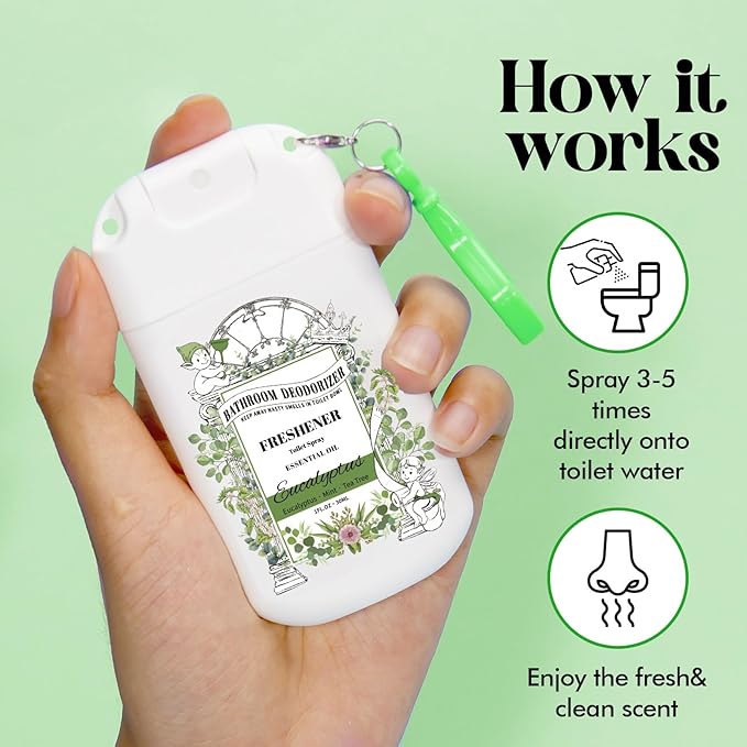 Pocket Size Toilet Spray for Poop, Eucalyptus Scent, Bathroom Odor Eliminator with Removable Hook,Travel Essentials Variety 2 Pack