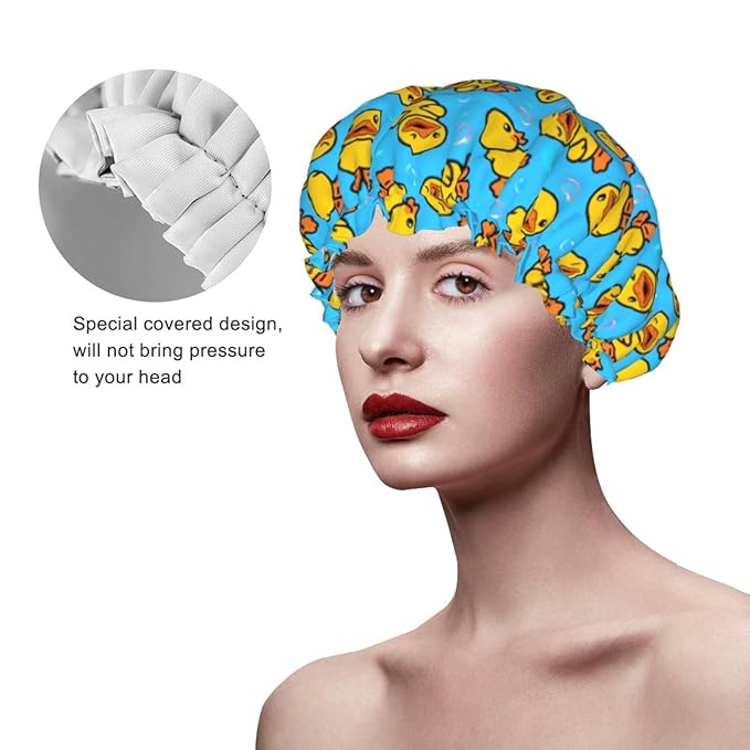 Yellow Rubber Duck Shower Cap For Women Adjustable Double Waterproof Layers Bathing Shower Hat Hair Protection Reusable Ladies Spa Salon Shower Hat
