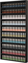 OmySalon Nail Polish Organizer Wall Mount - Holds 200 Bottles with Acrylic Barrier, Salon Display Rack for Home Spa & Nail Studio - Assembly Required, Wooden Polish Storage (Black, 10-Tier)
