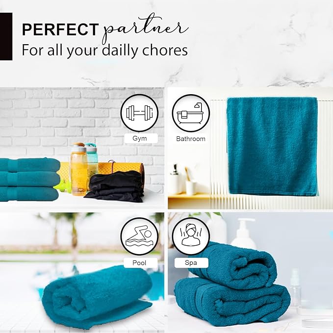 KAHAF COLLECTION 100% Cotton Bath Towels, 24x48 Pack of 6 Towels, Quick Dry, Highly Absorbent, Soft Feel Towel, Gym, Spa, Bathroom, Shower, Pool, Luxury Soft Towels (Teal, KC-2448-6-TEAL)