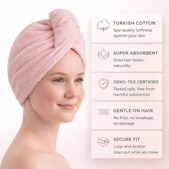100% Turkish Cotton Hair Towel Wrap 2 Pack – Oeko-TEX Certified Quick Dry Turban for Wet Hair – Soft, Absorbent, Gentle on Curly & Long Hair – 10x26 Inch