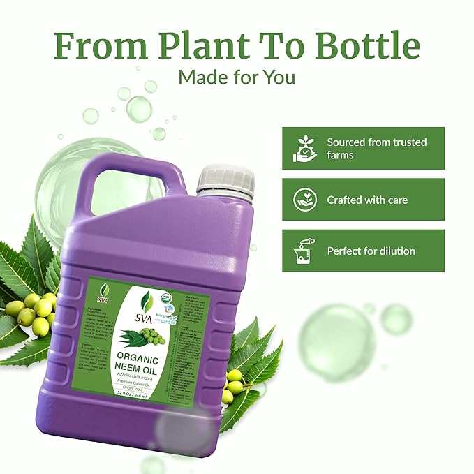 SVA Neem Seed Oil Organic - 32 Fl Oz – 100% Natural Cold Pressed Organic Neem Oil - for Face, Skin Care, Hair Care, Scalp Massage & Body Massage – Carrier Oil with Dropper