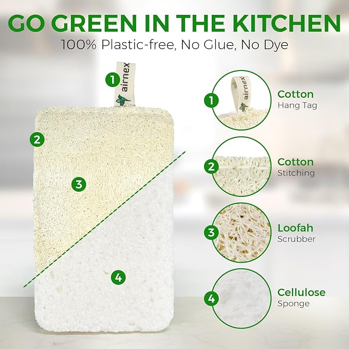 AIRNEX Natural Loofah Sponges for Dishes - Pack of 6 Plastic Free Loofah Kitchen Sponges with Cellulose Core & Cotton Loop - Non Toxic Natural Sponges for Dishes & Kitchen Cleaning