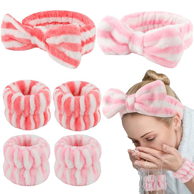 WHAVEL 6PCS Spa Headband and Wristbands Set, Face Wash Headband Wrist Bands for Washing Face Makeup Skincare Hair Band Skin Care Accessories Tools