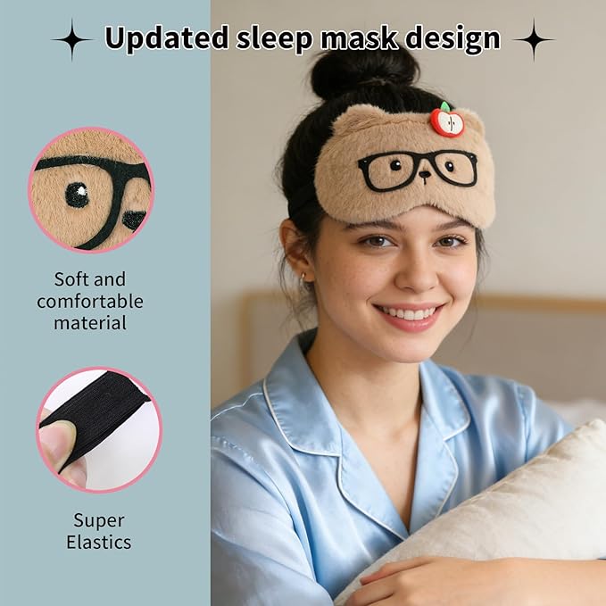 PERFECTSIGHT Sleep Eye Masks, Cute Plush Sleep Eye Cover Lightweight Adjustable Eyeshade Faux Fur Mask Cover for Women Kids Girl Sleep Travel Nap, Glasses Bear