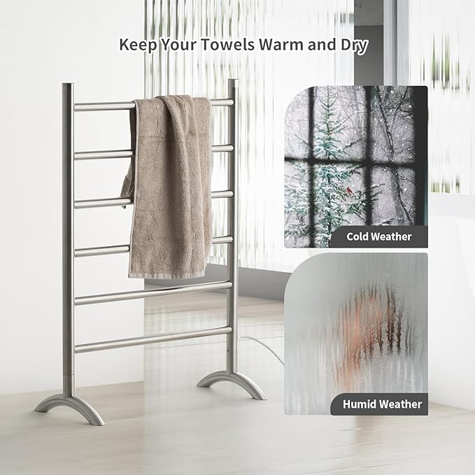 Freestanding Towel Warmer 6 Bars Plug-in Option 3 Working Modes with Top-Mounted Timer Brushed Stainless Steel 24” W 34” H
