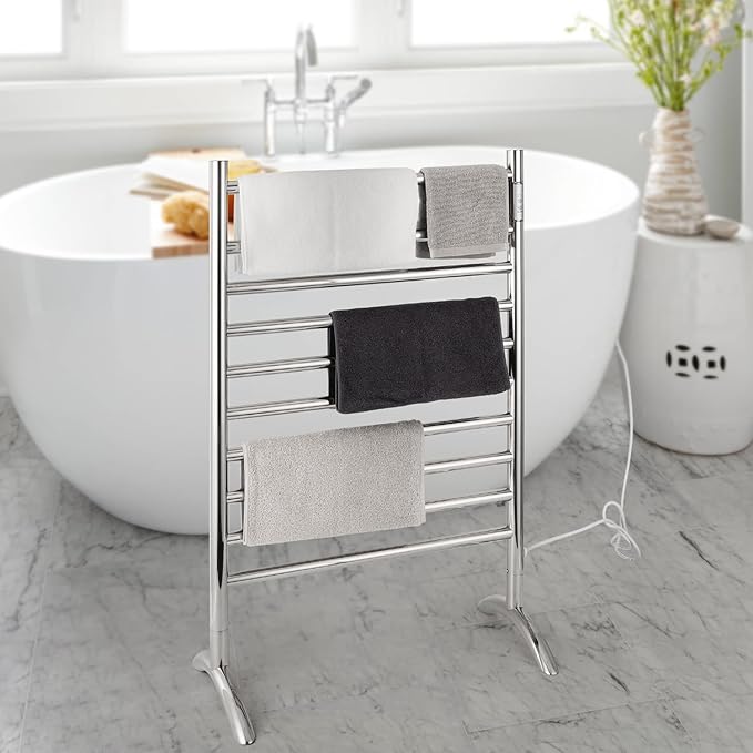 Freestanding Towel Warmer 10 Bars Plug-in Option 3 Working Modes Mirror Polished Stainless Steel 24" W 34" H