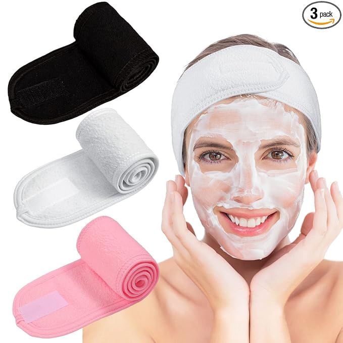 Whaline 3Pcs Spa Facial Headband Make Up Wrap Head Terry Cloth Headband Adjustable Washable Towel for Shower Makeup Face Washing Skincare Facial Treatment Sport Fits (White, Black, Pink)