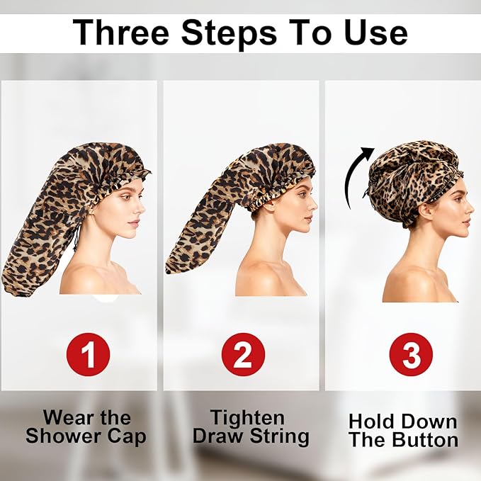 ELEBOX Extra Large Shower Cap for Braids/Curly Hair/Dreadlock | Reusable Waterproof Long Bonnets for Women Bath/Swim/Cooking/Cleaning/Spa | XL Bathing Cap with Adjustable Drawstring & Button, Leopard