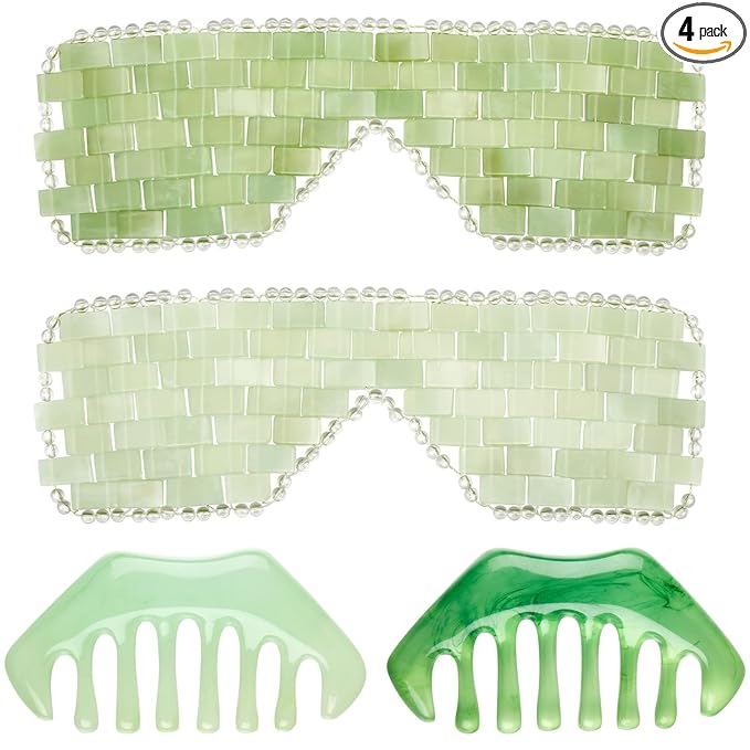 Hercicy 4 Pcs Jade Eye Mask and Hair Comb Set Green Jade Stone Eye Mask White Facial Cooling Set Guasha Scalp Comb Facial Massage Tool for Relax Alleviate Puffiness Esthetician Supplies