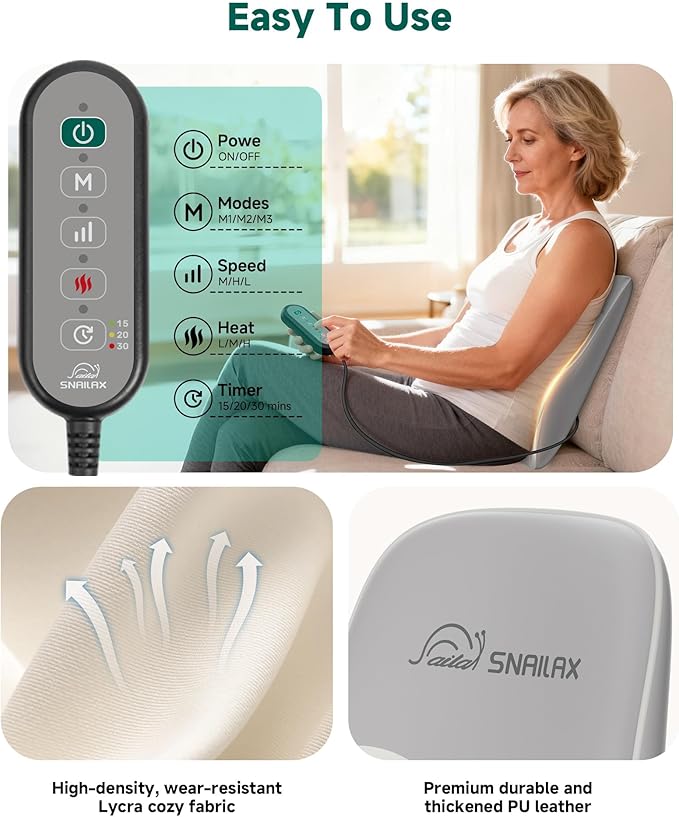 Snailax Shiatsu Back Massager with Heat, 4D Kneading Neck Massager, FSA Eligible, Back Neck Shoulder Massager for Pain Relief Deep Tissue, 3 Speed/3 Modes Portable for Home Office Car Use
