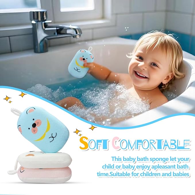 Baby and Kids Bath Loofah Sponge, Soft and Absorbent Toddler Exfoliating Body Scrubber Shower Loofa Sponge,Cute Pattern Design for Kids Baby Women Boys and Girl, 3 Pack (Bear/Dog/Cat)