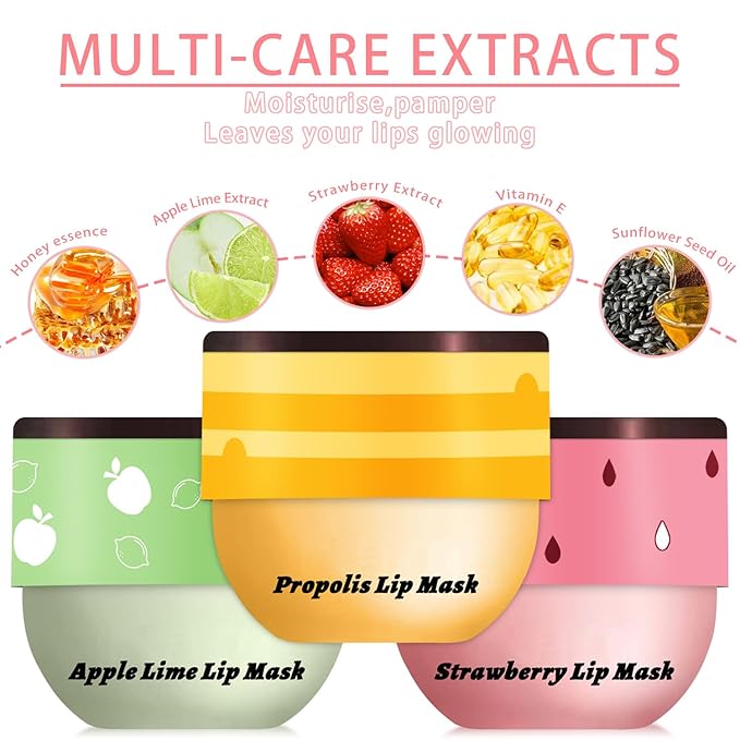 3 PCS Bee Honey Pot Lip Balm & Mask Set A - Strawberry, Apple Lime, Propolis - Moisturizing, Hydrating, Wrinkle Care