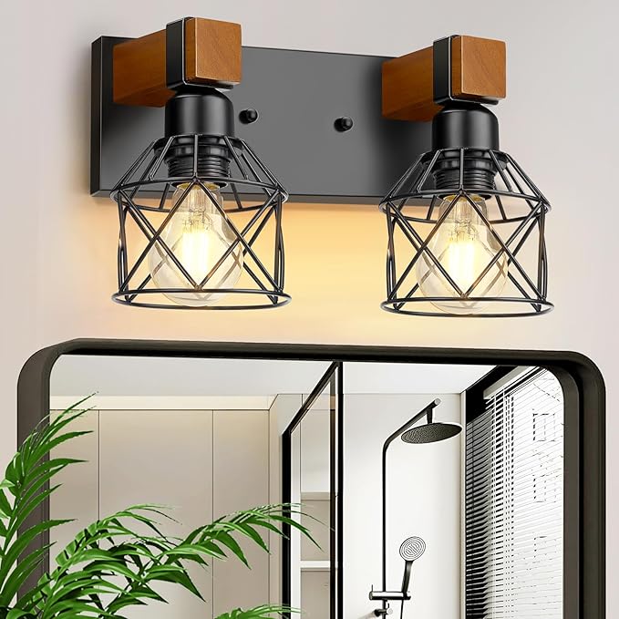 2-Light Farmhouse Bathroom Light Fixtures Over Mirror, Rustic Wood Vanity Lights for Bathroom, Vintage Black Sconces Wall Lighting with Metal Shade for Living Room, Cabinet, Hallway