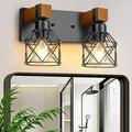 2-Light Farmhouse Bathroom Light Fixtures Over Mirror, Rustic Wood Vanity Lights for Bathroom, Vintage Black Sconces Wall Lighting with Metal Shade for Living Room, Cabinet, Hallway