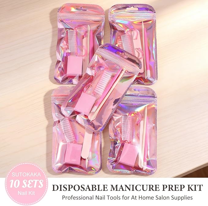 SUTOKAKA 10 Sets Disposable Manicure Prep Kit for Travel Home Portable Basics 5 in 1 Nail Salon Pedicure Kit Professional Nail Tools Supplies