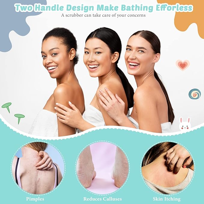 4 Pack Exfoliating Washcloth Back Scrubber Set, 2 Exfoliating Body Scrubber Nylon Back Body Scrub Towel, 2 Pairs Shower Gloves for Women Men Bath Shower Exfoliation(Pink, Light Blue, Green)