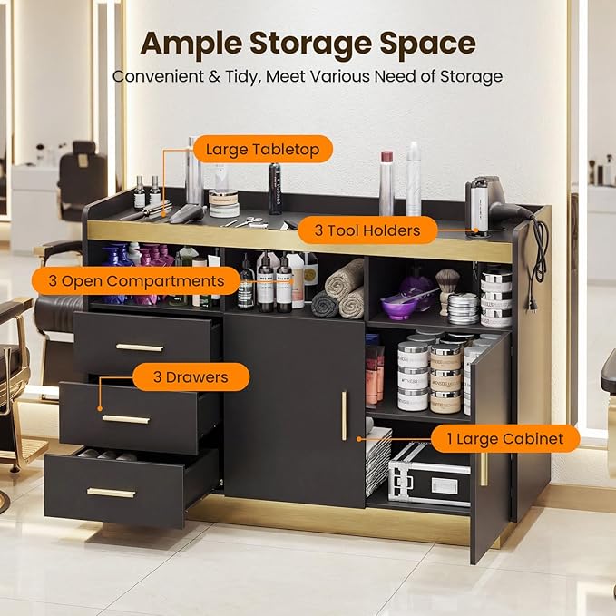 Salon Storage Cabinet Barber Station, Freestanding Hair Styling Station with 3 Drawers, 3 Hot Tool Holders & Open Shelves, Beauty Salon Spa Equipment