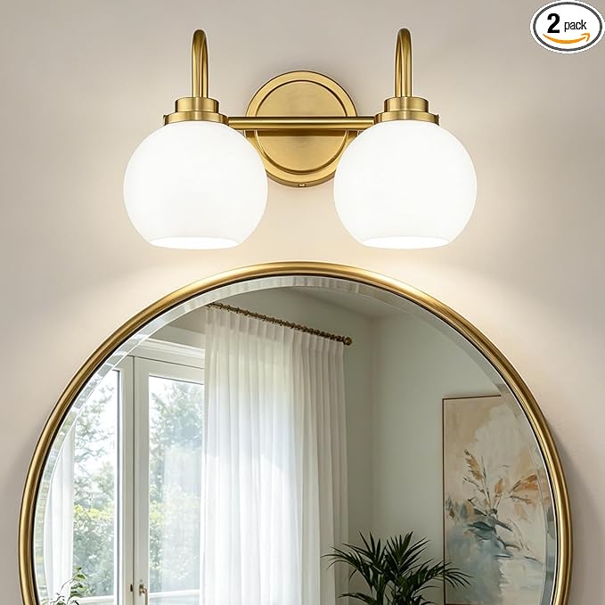 AKEZON Bathroom Light Fixtures 2-Light Brushed Gold Vanity Light, Modern Bathroom Wall Sconce with Milky White Frosted Glass Shade for Mirror Bedroom Hallway